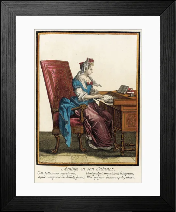 Framed Print : This fashion plate, titled Aminte en son Cabinet Framed Print : This fashion plate, titled Aminte en son Cabinet