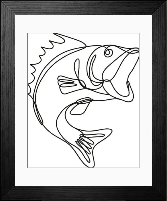 Framed Print : Continuous line drawing illustration of a largemouth bass jumping up done in mono line or doodle style in black Framed Print : Continuous line drawing illustration of a largemouth bass jumping up done in mono line or doodle style in black