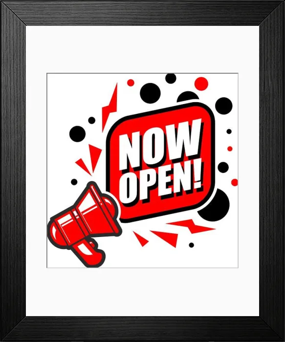 Framed Print : Megaphone with speech bubble Open now. Vector on transparent background Framed Print : Megaphone with speech bubble Open now. Vector on transparent background