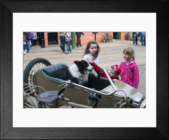 Framed Print : Children stroking dog in motorcycle sidecar Great North Steam Fair, Beamish Museum, England UK
