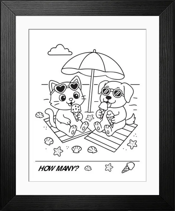Framed Print : Cute playful cat and dog on a beach vacation, color and count worksheet for preschool kindergarten. Vector illustration Framed Print : Cute playful cat and dog on a beach vacation, color and count worksheet for preschool kindergarten. Vector illustration