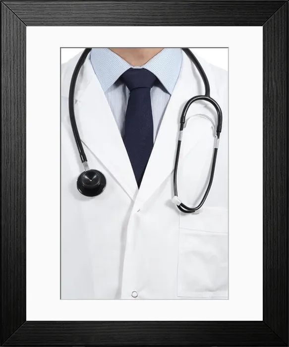 Framed Print : Close up of a male doctor coat and stethoscope with tie and shirt Framed Print : Close up of a male doctor coat and stethoscope with tie and shirt