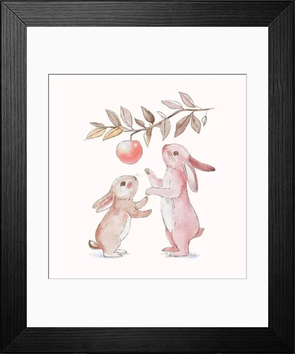 Framed Print : Two little rabbits in the apple orchard. Little rabbit gardener. Watercolor illustration Framed Print : Two little rabbits in the apple orchard. Little rabbit gardener. Watercolor illustration
