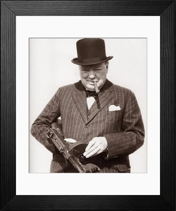 Framed Print : Sir Winston Churchill wartime image with a Tommy gun Framed Print : Sir Winston Churchill wartime image with a Tommy gun