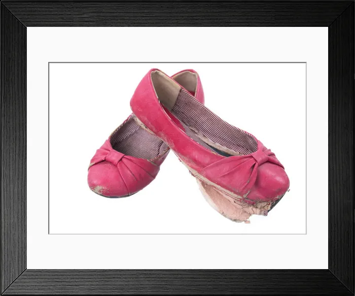 Framed Print : A pair of old, dirty and worn out red women's flats isolated on a white background Framed Print : A pair of old, dirty and worn out red women's flats isolated on a white background