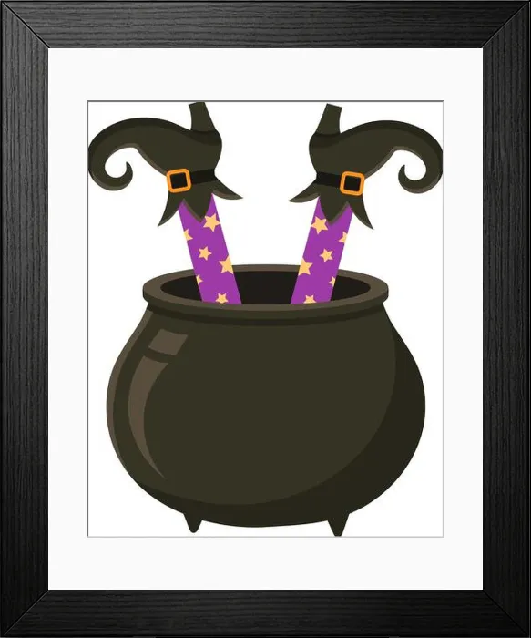 Framed Print : Witch legs adorned with purple stockings and sparkling gold stars are playfully upside down inside a black cauldron Framed Print : Witch legs adorned with purple stockings and sparkling gold stars are playfully upside down inside a black cauldron