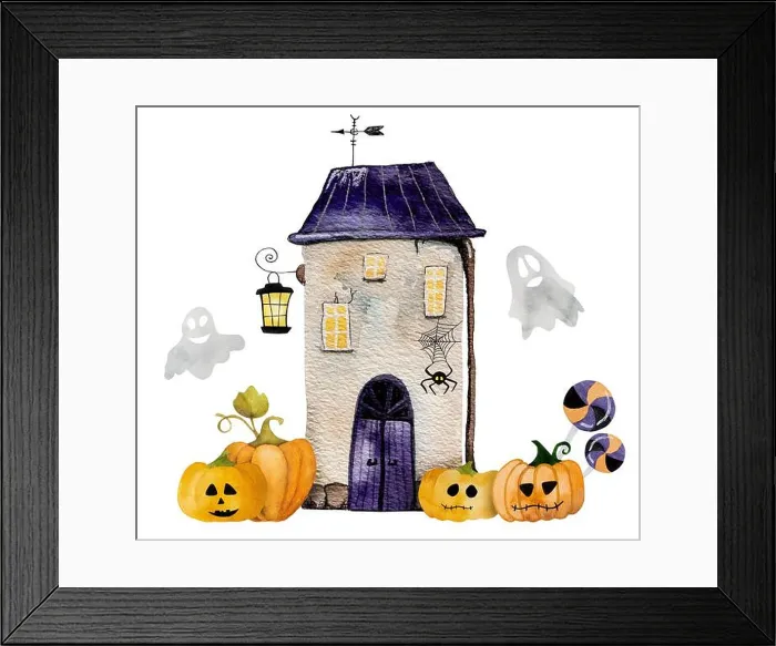 Framed Print : Halloween art watercolor illustration with ghost house and pumpkin for postcard decoration Framed Print : Halloween art watercolor illustration with ghost house and pumpkin for postcard decoration