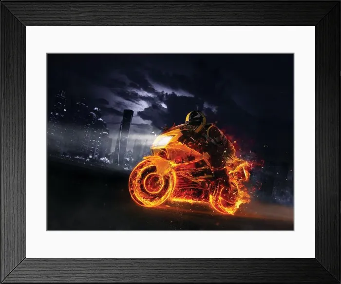 Framed Print : Super-sport fire motorbike with skyscrapers on background. Wallpaper motive with fast motorcycle in dramatic dark scene Framed Print : Super-sport fire motorbike with skyscrapers on background. Wallpaper motive with fast motorcycle in dramatic dark scene