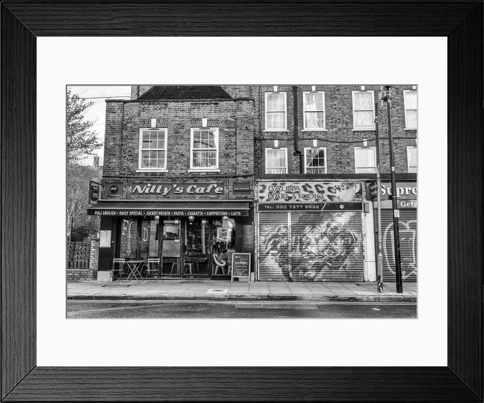 Framed Print : Cafe and shops in Bell Lane, Spitalfields East End area of Tower Hamlets, London Framed Print : Cafe and shops in Bell Lane, Spitalfields East End area of Tower Hamlets, London
