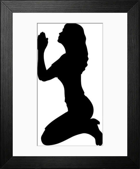 Framed Print : Silhouette of woman sitting on her knees praying asking for help. Illustration symbol icon Framed Print : Silhouette of woman sitting on her knees praying asking for help. Illustration symbol icon