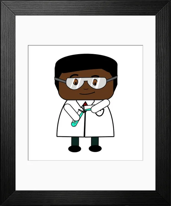 Framed Print : Cartoon male scientist with white lab coat and safety goggles, pouring chemical into test tube