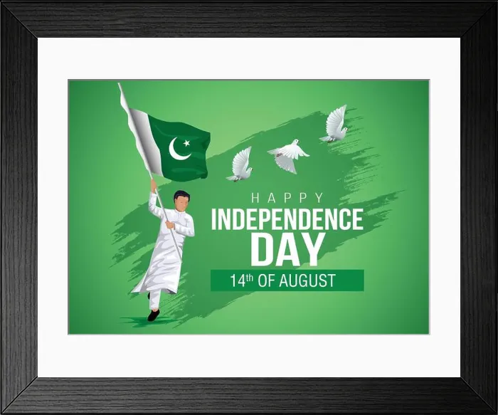 Framed Print : 14th of august happy independence day pakistan. vector illustration of man running with flag. green background Framed Print : 14th of august happy independence day pakistan. vector illustration of man running with flag. green background