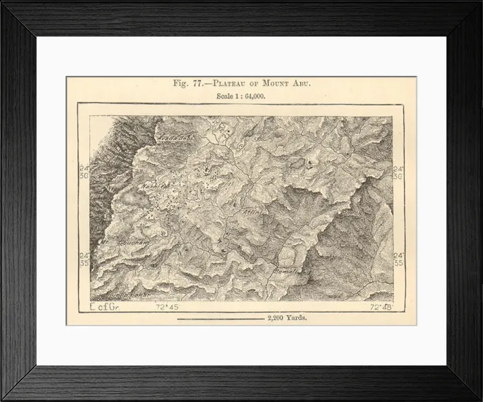Framed Print : Plateau of Mount Abu. Rajasthan. India. Sketch map 1885 old antique chart Framed Print : Plateau of Mount Abu. Rajasthan. India. Sketch map 1885 old antique chart