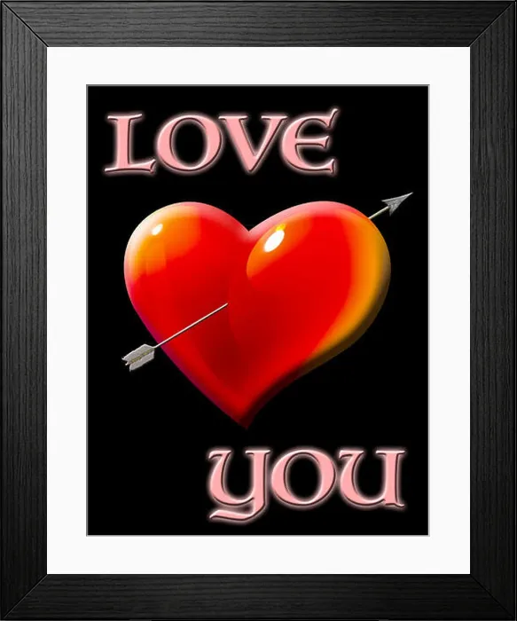 Framed Print : Love you, bright red and shiny heart with arrow, isolated against the black colored background Framed Print : Love you, bright red and shiny heart with arrow, isolated against the black colored background