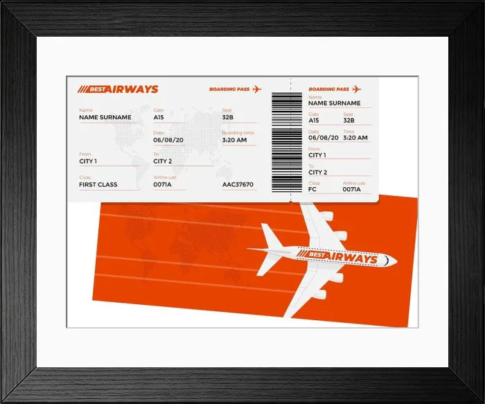 Framed Print : Realistic airline ticket boarding pass design template with passenger name and barcode Framed Print : Realistic airline ticket boarding pass design template with passenger name and barcode