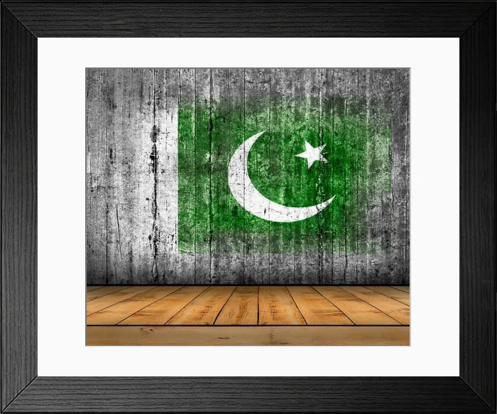 Framed Print : Pakistan flag painted on background texture gray concrete with wooden floor Framed Print : Pakistan flag painted on background texture gray concrete with wooden floor