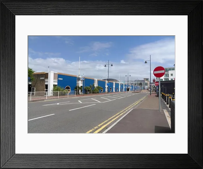 Framed Print : Attractive blue and white painted low level car park near Mermaid Quay, Cardiff Bay, Summer 2022. July Framed Print : Attractive blue and white painted low level car park near Mermaid Quay, Cardiff Bay, Summer 2022. July