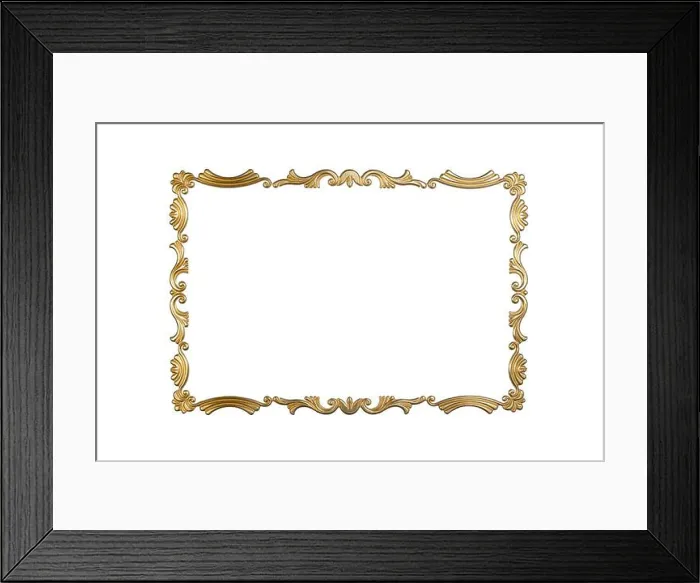 Framed Print : Sculpted golden frame isolated on white background, thin decorations, rectangular frame Framed Print : Sculpted golden frame isolated on white background, thin decorations, rectangular frame