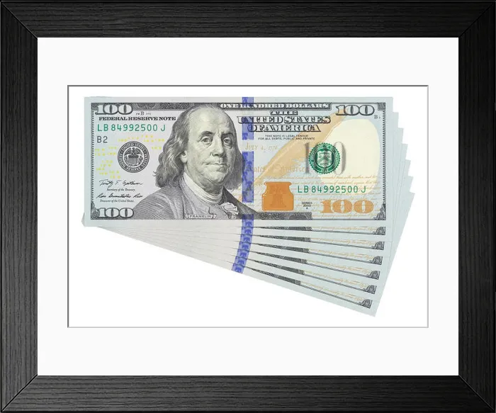 Framed Print : 100 dollar bills on white background isolated. Business money concept template Framed Print : 100 dollar bills on white background isolated. Business money concept template