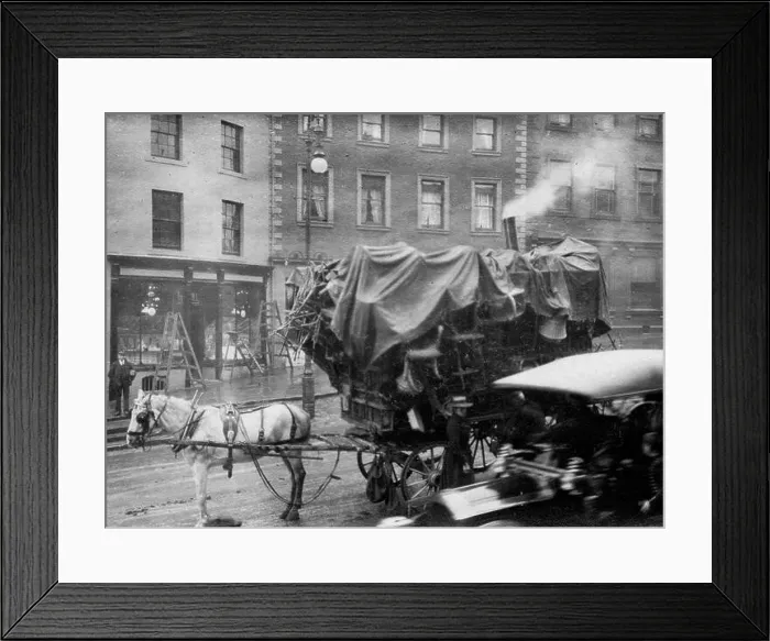 Framed Print : Horse and caravan with chimney and various goods strapped on to it Framed Print : Horse and caravan with chimney and various goods strapped on to it