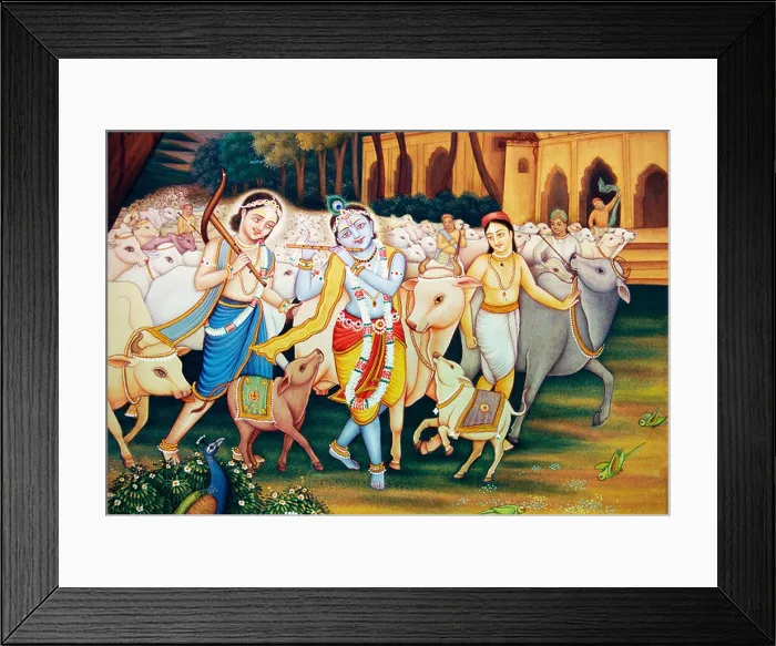 Framed Print : Lord Krishna and Balram with Gopal and cows miniature painting Framed Print : Lord Krishna and Balram with Gopal and cows miniature painting