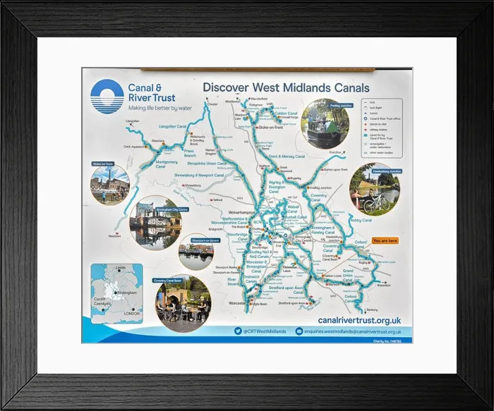 Framed Print : Canal map UK chart and waterway navigation routes for West Midlands canals at Hatton Locks Warwickshire England Framed Print : Canal map UK chart and waterway navigation routes for West Midlands canals at Hatton Locks Warwickshire England