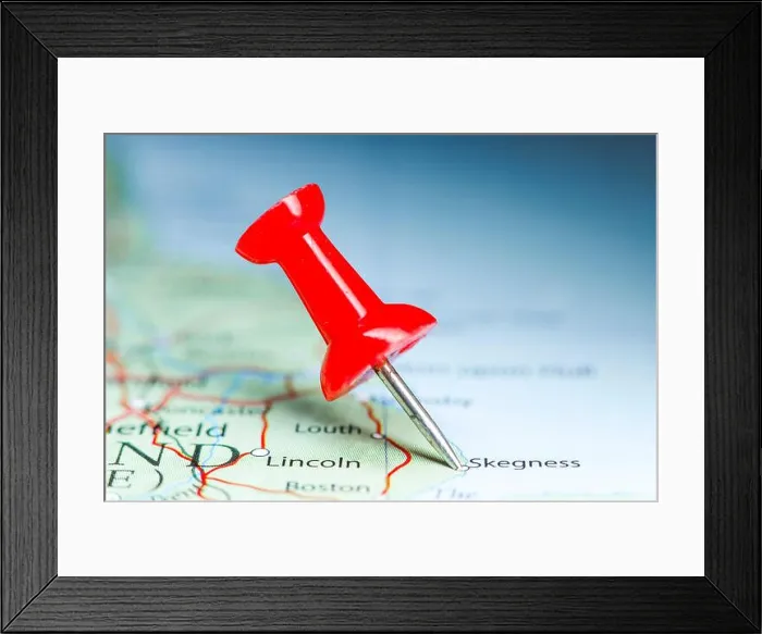 Framed Print : Skegness, Great Britain pin on map Framed Print : Skegness, Great Britain pin on map