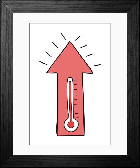 Framed Print : Cartoon vector illustration of thermometer, high air temperature and up arrow Framed Print : Cartoon vector illustration of thermometer, high air temperature and up arrow