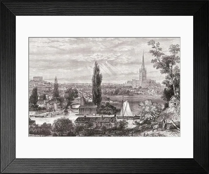 Framed Print : Norwich, Norfolk, England, seen here from the Meadows in the 19th century. From English Pictures, published 1890 Framed Print : Norwich, Norfolk, England, seen here from the Meadows in the 19th century. From English Pictures, published 1890