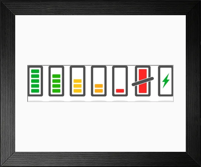Framed Print : Power discharge and charge battery icons set Framed Print : Power discharge and charge battery icons set