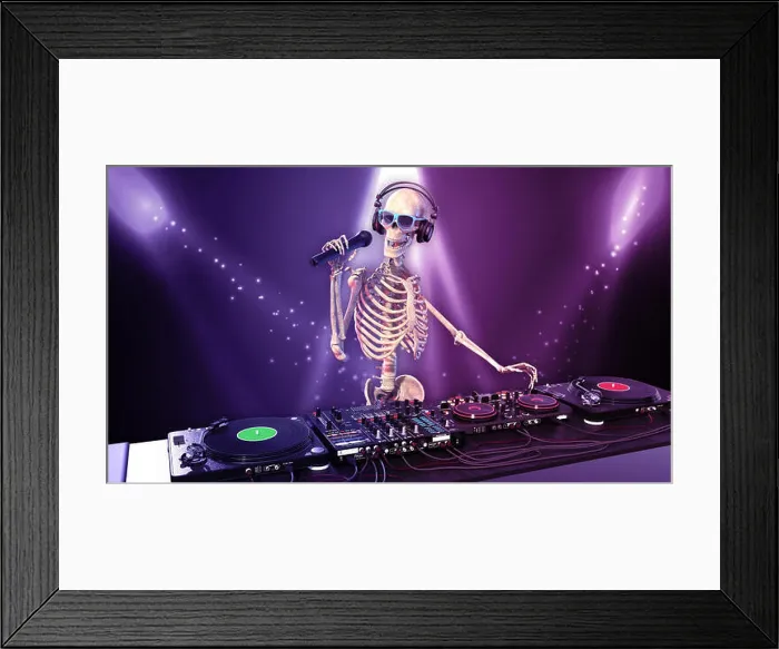 Framed Print : DJ Bones, human skeleton with microphone playing music on turntables Framed Print : DJ Bones, human skeleton with microphone playing music on turntables