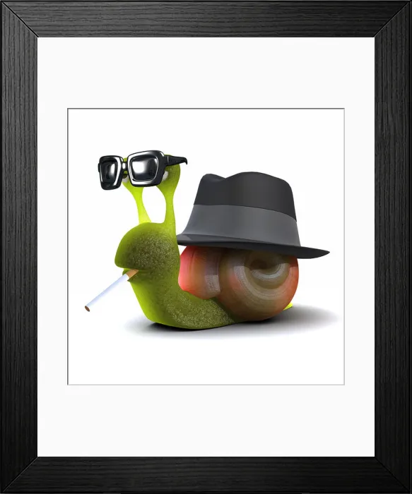 Framed Print : 3d render of a snail wearing a trilby, smoking a cigarette