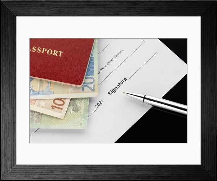 Framed Print : Passport with euro banknotes, document signing. 2021 year. Car rental, micro loan, finance topics