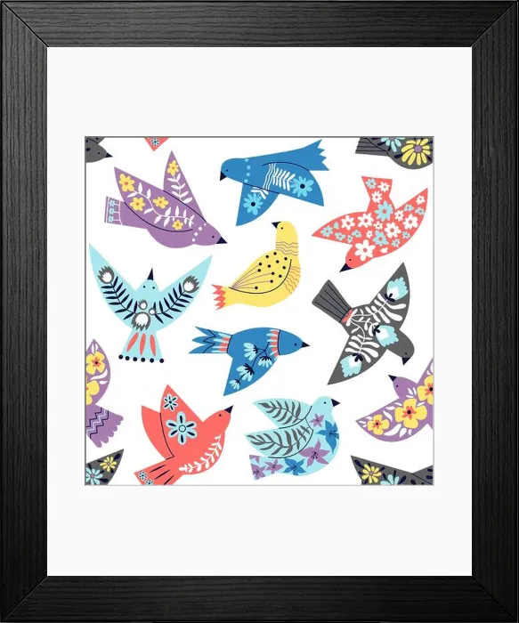 Framed Print : Birds seamless pattern. Ethnic folk abstract flying bird wallpaper