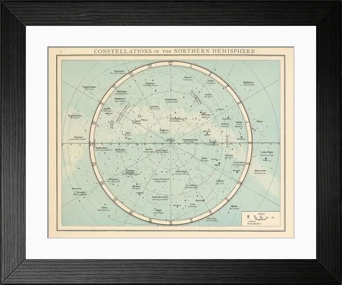 Framed Print : Northern Hemisphere constellations. Night sky. Star chart. THE TIMES 1895 map Framed Print : Northern Hemisphere constellations. Night sky. Star chart. THE TIMES 1895 map