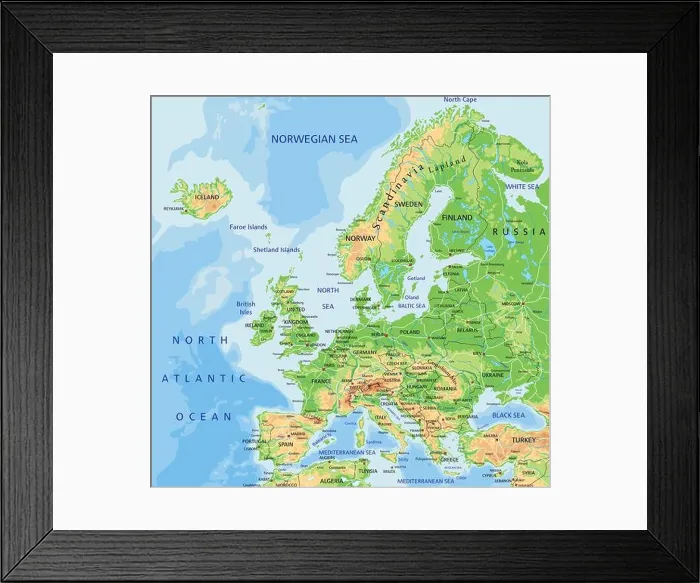 Framed Print : High detailed Europe physical map with labeling Framed Print : High detailed Europe physical map with labeling