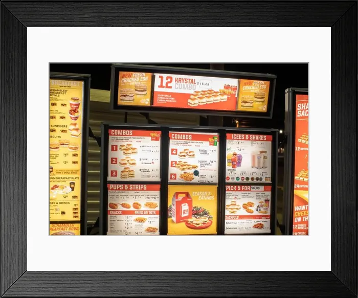 Framed Print : Augusta, Ga USA - 12 20 21: Krystal Burgers drive thru menu and prices Framed Print : Augusta, Ga USA - 12 20 21: Krystal Burgers drive thru menu and prices