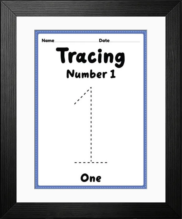 Framed Print : Tracing number 1 worksheet for kindergarten Framed Print : Tracing number 1 worksheet for kindergarten
