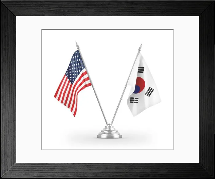 Framed Print : South Korea and United States table flags isolated on white 3D rendering Framed Print : South Korea and United States table flags isolated on white 3D rendering