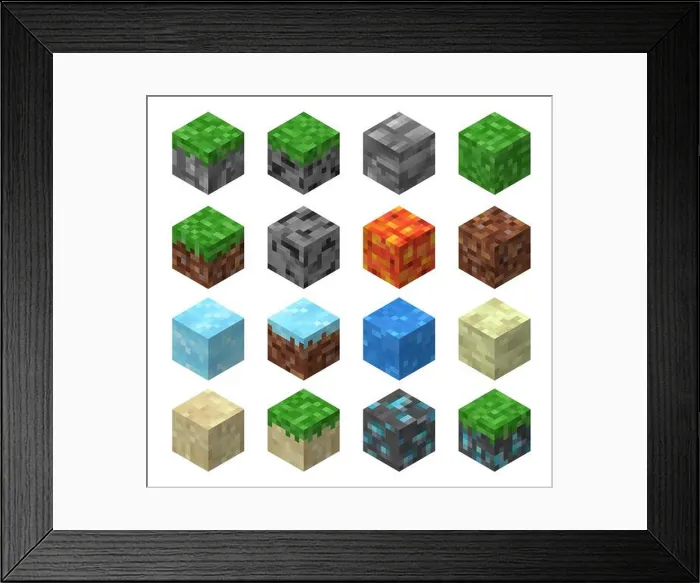 Framed Print : Pixel game blocks of grass, stone Framed Print : Pixel game blocks of grass, stone