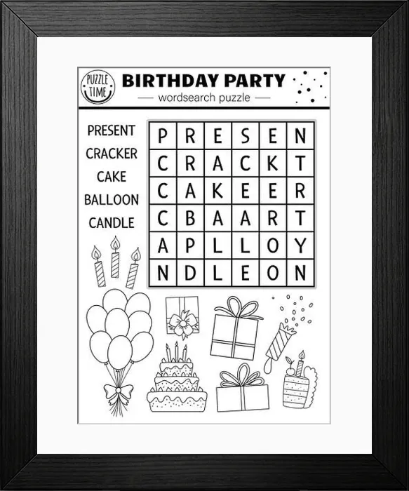 Framed Print : Vector black and white Birthday party wordsearch puzzle for kids Framed Print : Vector black and white Birthday party wordsearch puzzle for kids