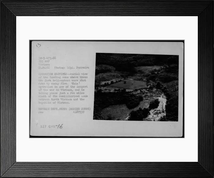 Framed Print : Aerial view of the landing zone after three Sea Hawk helicopters were shot down during Operation Hastings Framed Print : Aerial view of the landing zone after three Sea Hawk helicopters were shot down during Operation Hastings