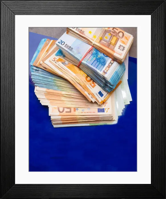 Framed Print : euro money banknotes, pile of money, cash, stack, new bills, isolated on blue background Framed Print : euro money banknotes, pile of money, cash, stack, new bills, isolated on blue background