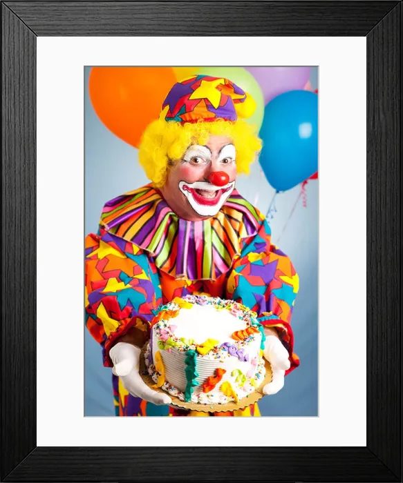 Framed Print : Happy birthday clown holding a birthday cake. Cake is ready for your text Framed Print : Happy birthday clown holding a birthday cake. Cake is ready for your text
