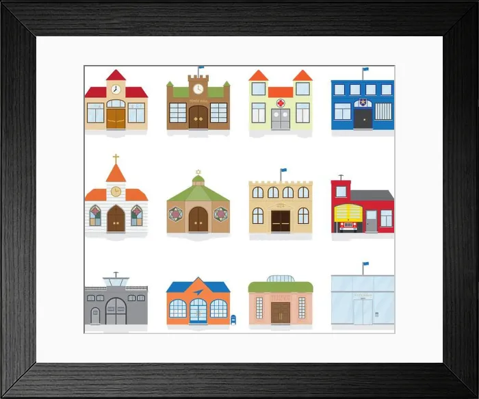Framed Print : Variety of public building and institutions icons Framed Print : Variety of public building and institutions icons