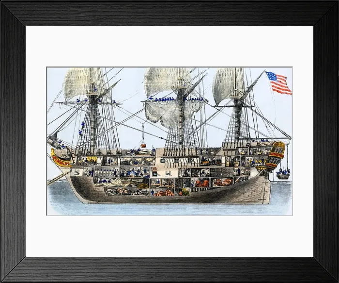 Framed Print : Hull of an American man-of-war cutaway diagram of deck plans and crew quarters amidships 1850s. Hand-colored woodcut Framed Print : Hull of an American man-of-war cutaway diagram of deck plans and crew quarters amidships 1850s. Hand-colored woodcut