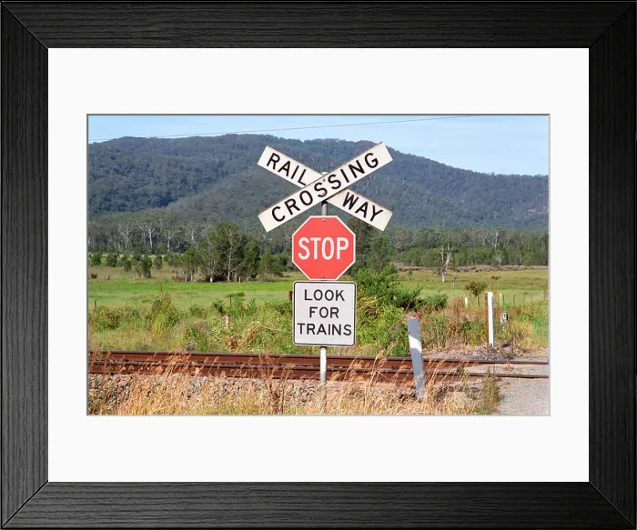 Framed Print : Stop sign at railway crossing in rural Australia Framed Print : Stop sign at railway crossing in rural Australia