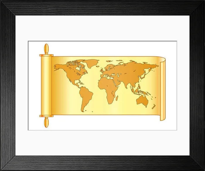Framed Print : Illustration of the abstract vintage world map on scroll Framed Print : Illustration of the abstract vintage world map on scroll
