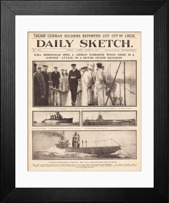 Framed Print : 1914 Daily Sketch German submarine U-13 sunk Framed Print : 1914 Daily Sketch German submarine U-13 sunk
