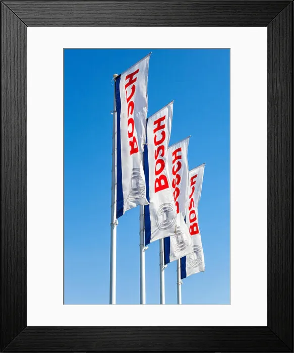 Framed Print : Flags with emblem Bosch against the blue sky Framed Print : Flags with emblem Bosch against the blue sky